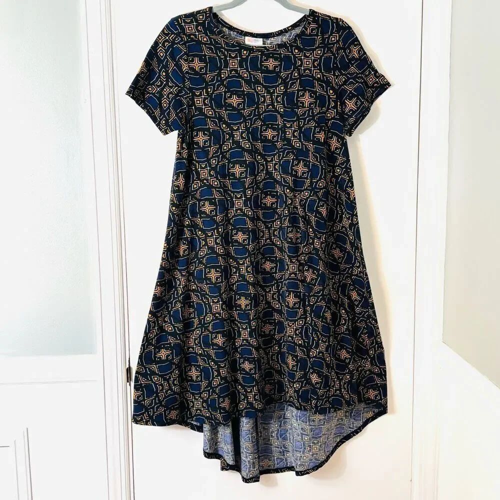 LuLaRoe S Carly Swing Dress Navy & Gold Geometric Print with Breast Pocket